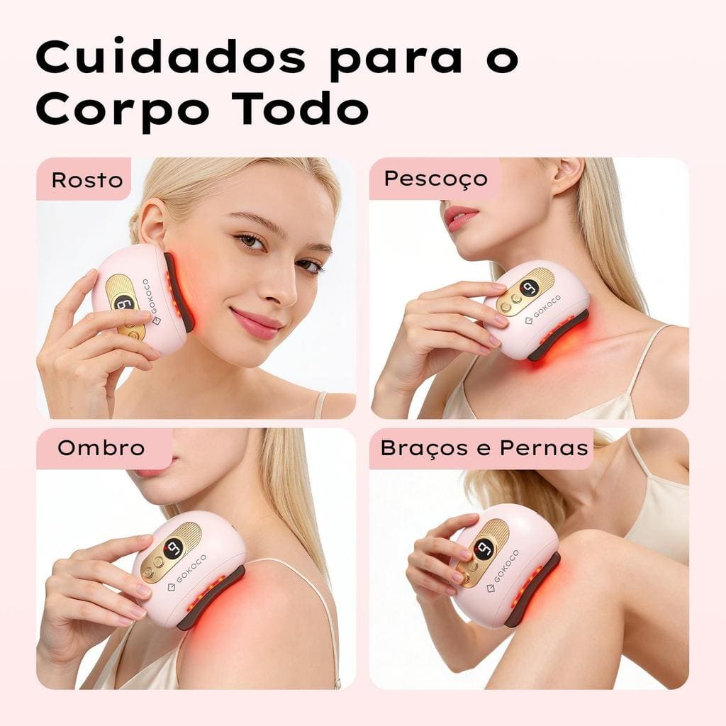 GOKOCO Massageador Elétrico Gua Sha Facial e Corporal Pedra Bian com Luz Vermelha, Aquecimento e Vibração 9 Níveis